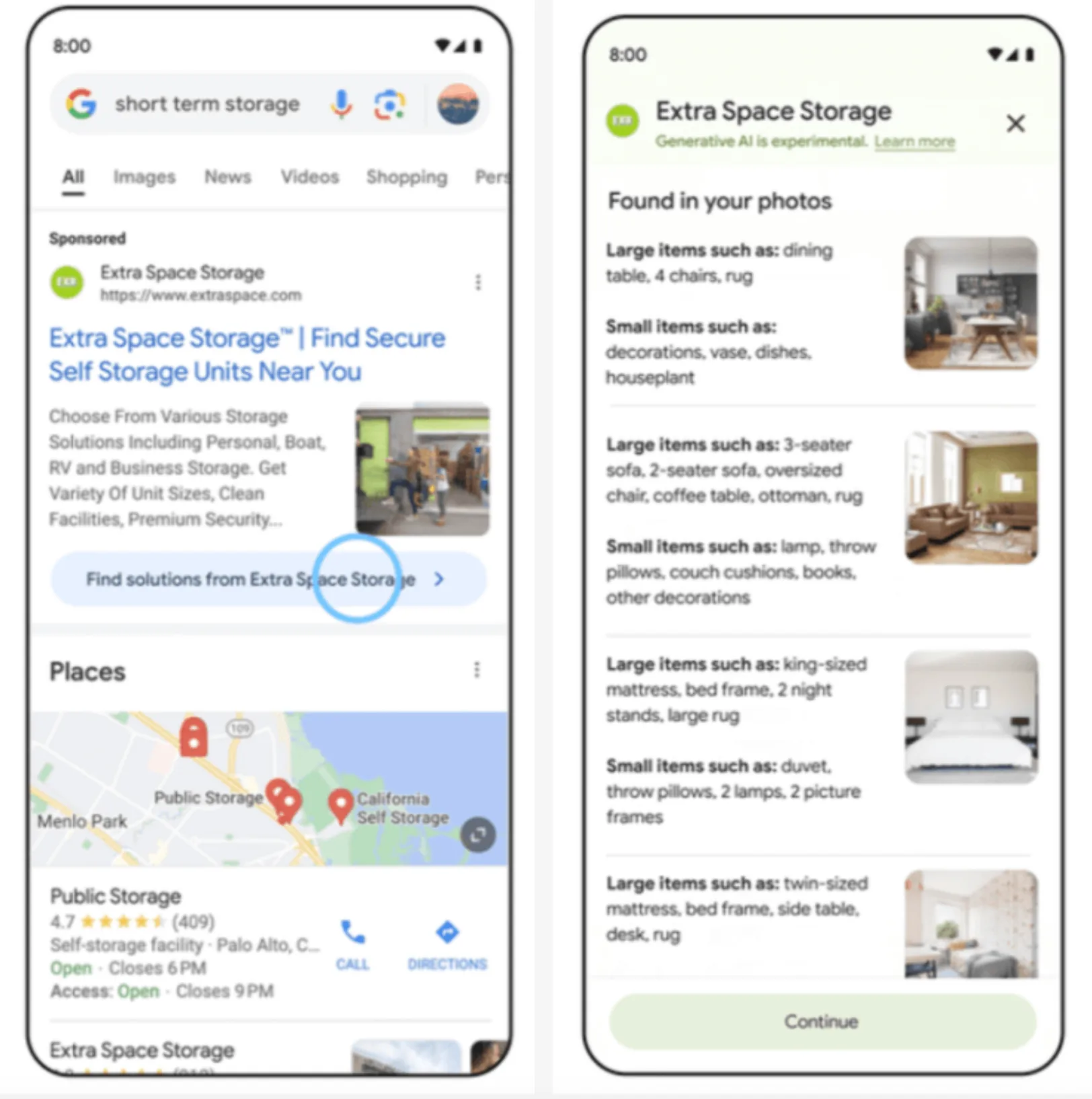 Пример поисковой выдачи Google по запросу «short term storage»: спонсорское объявление Extra Space Storage и распознавание вещей по фото