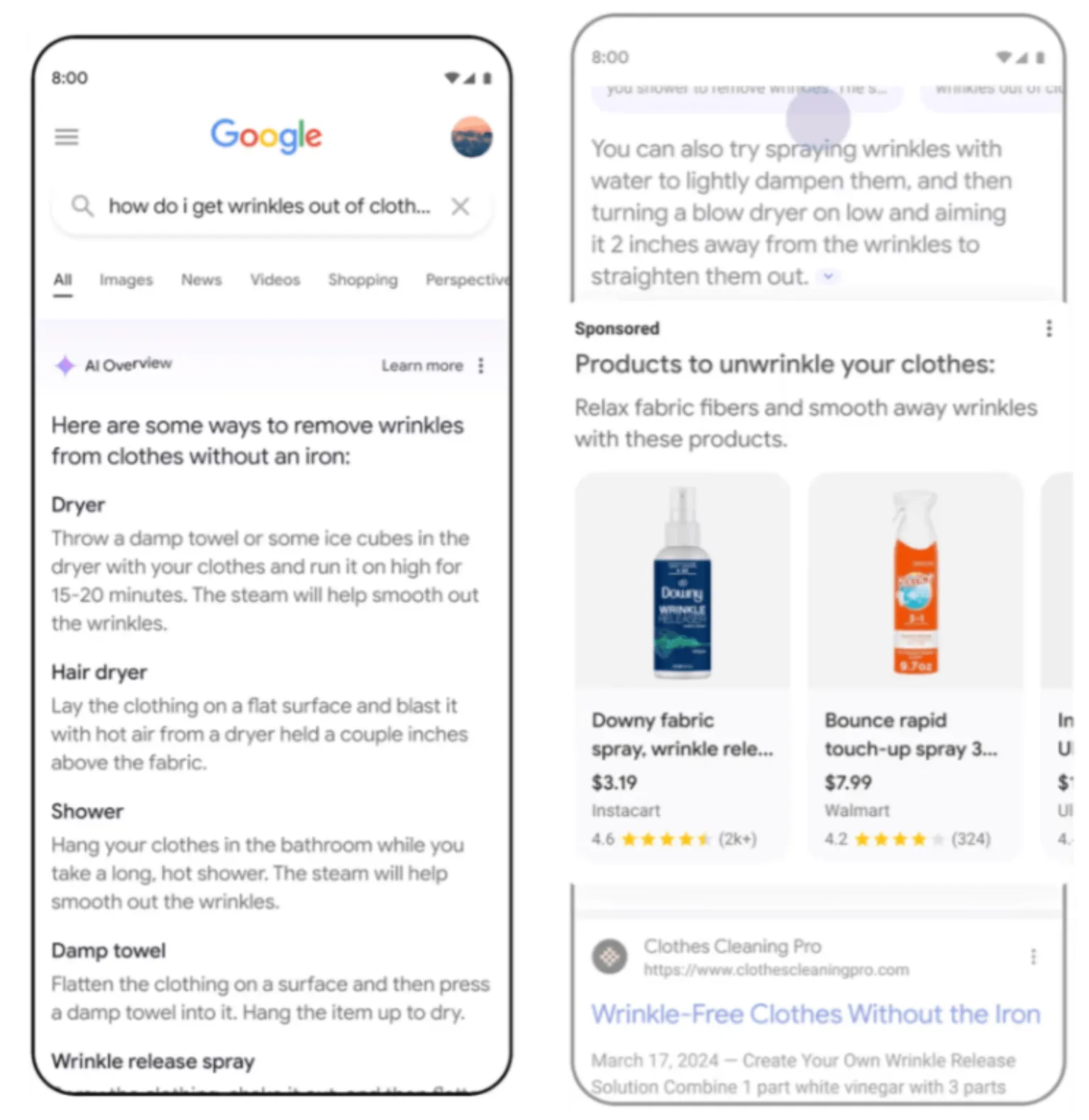 AI Overview в Google по запросу об удалении складок с одежды и блок «Спонсорированные» с товарными объявлениями