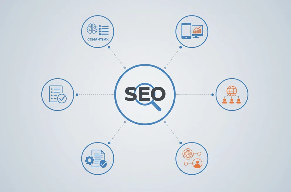 Схема составляющих SEO: семантика, адаптивность, аудит, внешняя оптимизация и клиентский путь вокруг центра SEO
