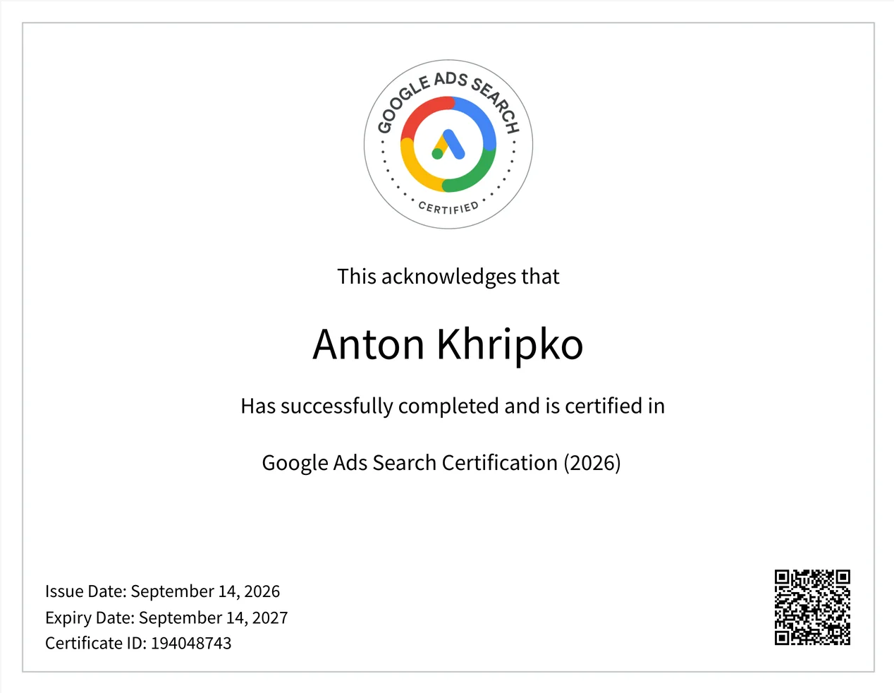 Сертификат Google Ads Search Certification (2026) № 194048743 — Антон Хрипко